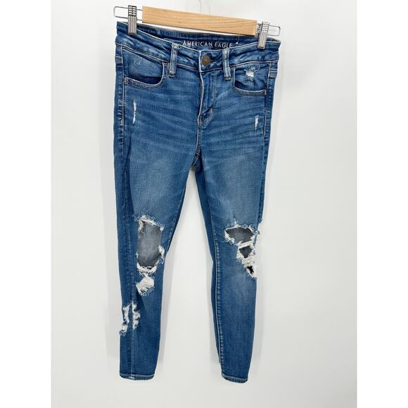 American Eagle Womens Jeggings Size 4S Distressed Medium Wash Denim Stretch - Picture 1 of 10